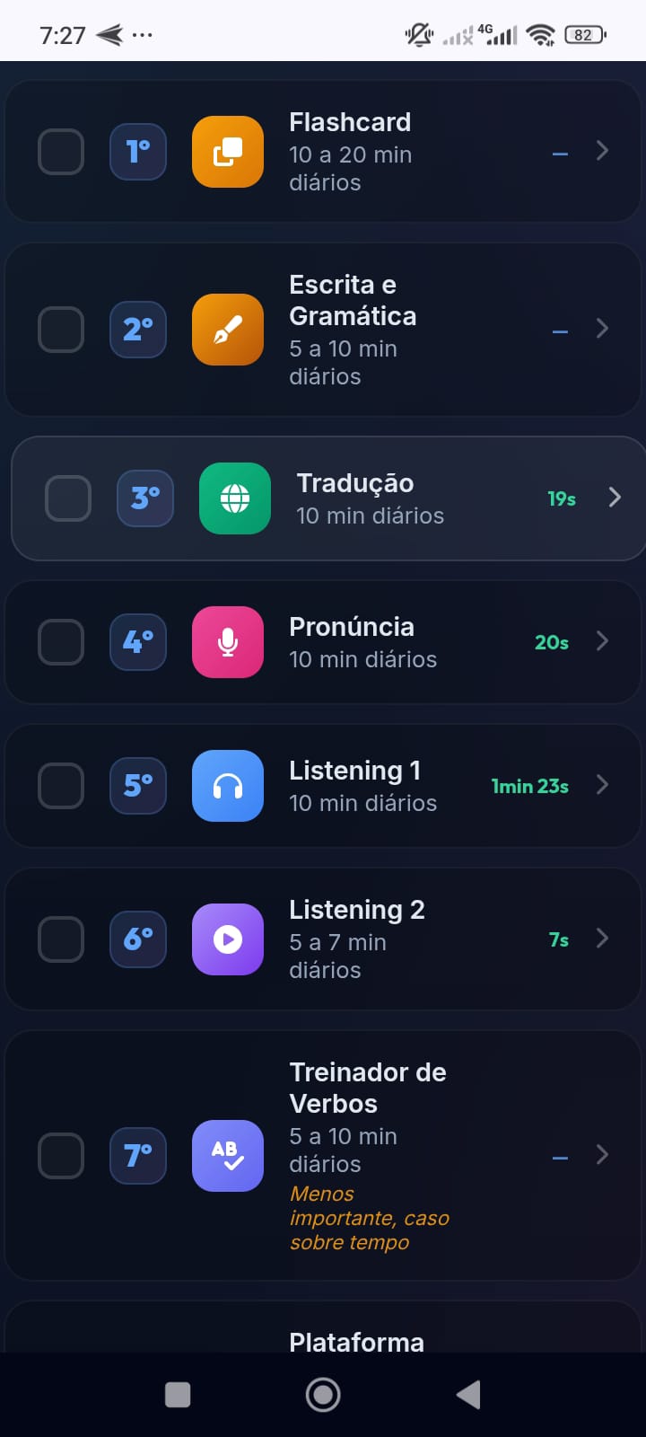Plataforma de estudo diário com 7 atividades